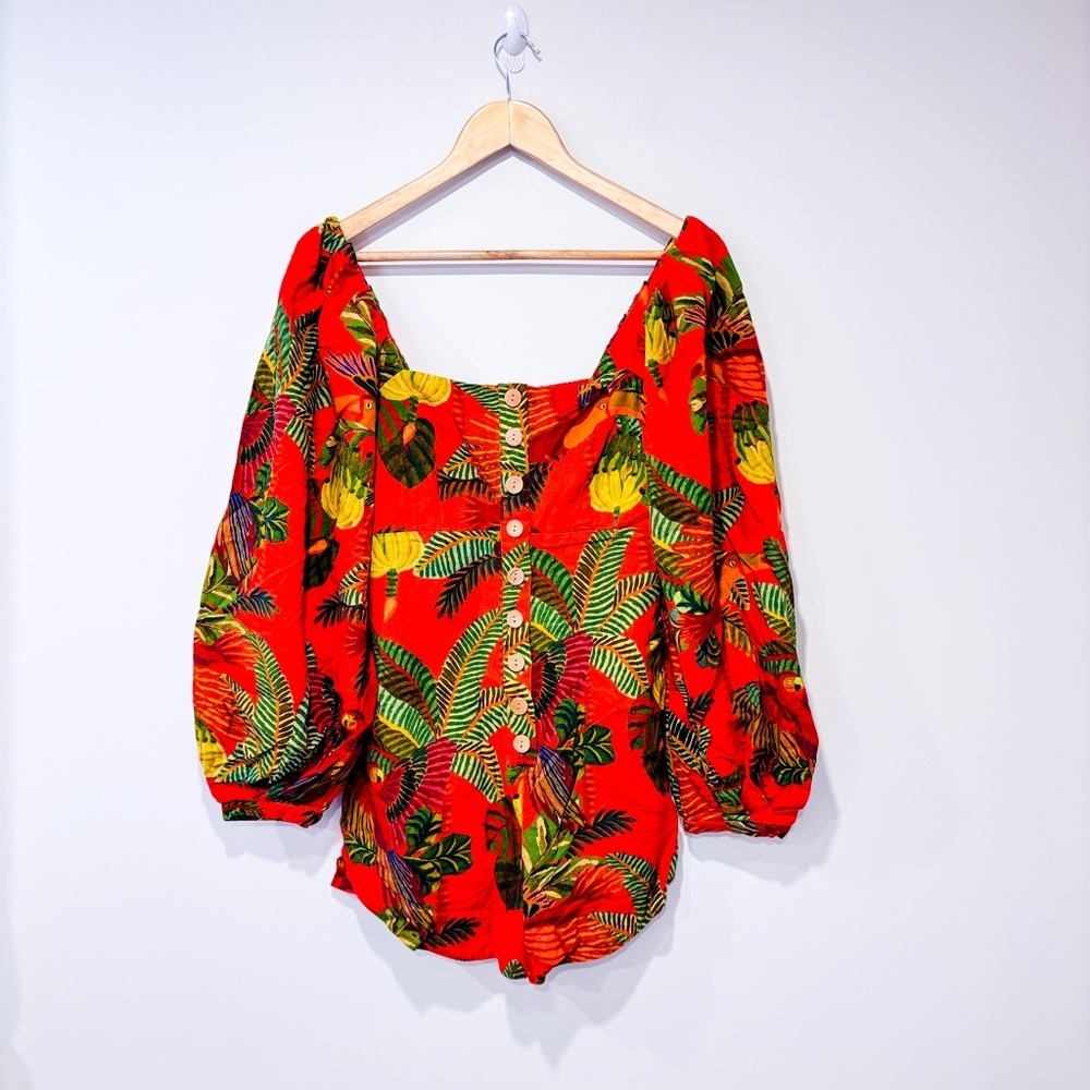 FARM RIO‎ Orange pelican linen romper with tropical print | Small * - Picture 2 of 9